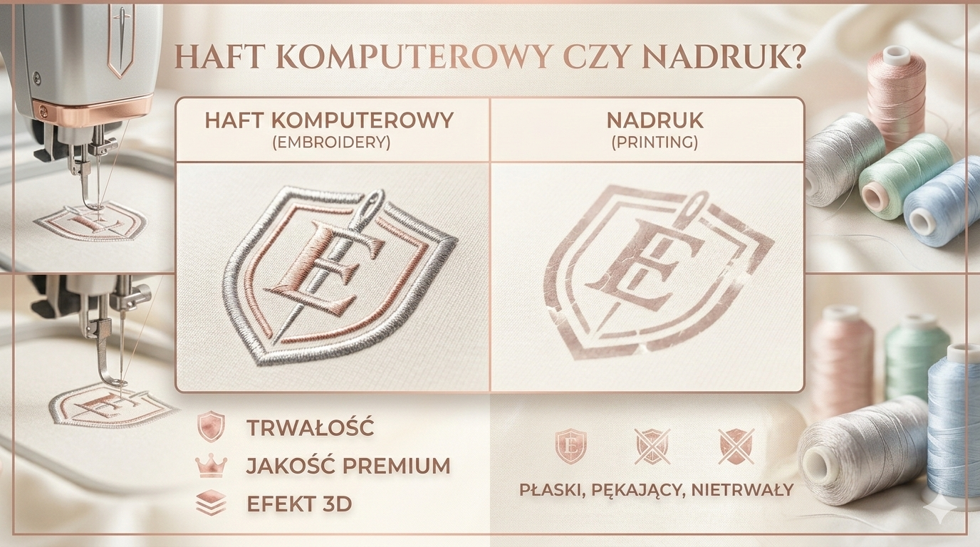 Porównanie haftu komputerowego i nadruku. Grafika przedstawia zalety haftu, takie jak trwałość, jakość premium i efekt 3D. Tytuł: Haft komputerowy czy nadruk? Dowiedz się, dlaczego warto wybrać personalizowane hafty.