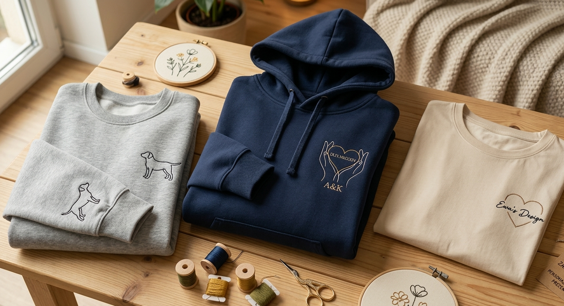 Bluza czy koszulka z haftem? Trzy przytulne ubrania z haftem na stole: szara bluza, granatowa hoodie z haftem oraz beżowa koszulka, idealne na personalizowany prezent.