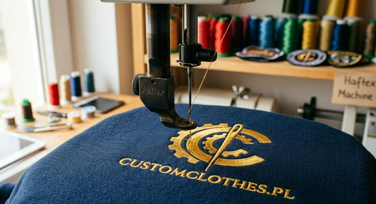 Haft komputerowy na granatowej bluzie – pracownia CustomClothes.pl w Bielsku-Białej