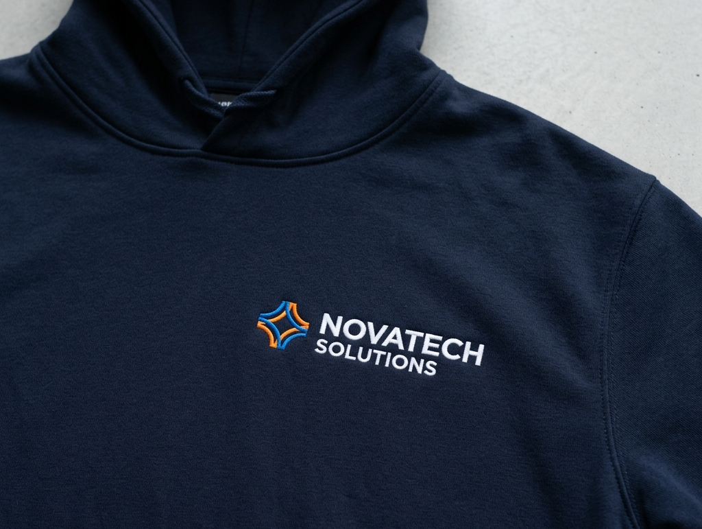 haft komputerowy logo na granatowej bluzie firmowej – zbliżenie na haft