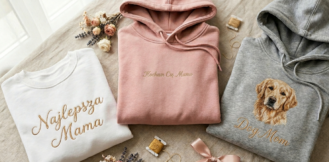 Prezent na Dzień Matki z haftem – bluza ze zdjęcia dziecka, napis i haft psa, CustomClothes.pl