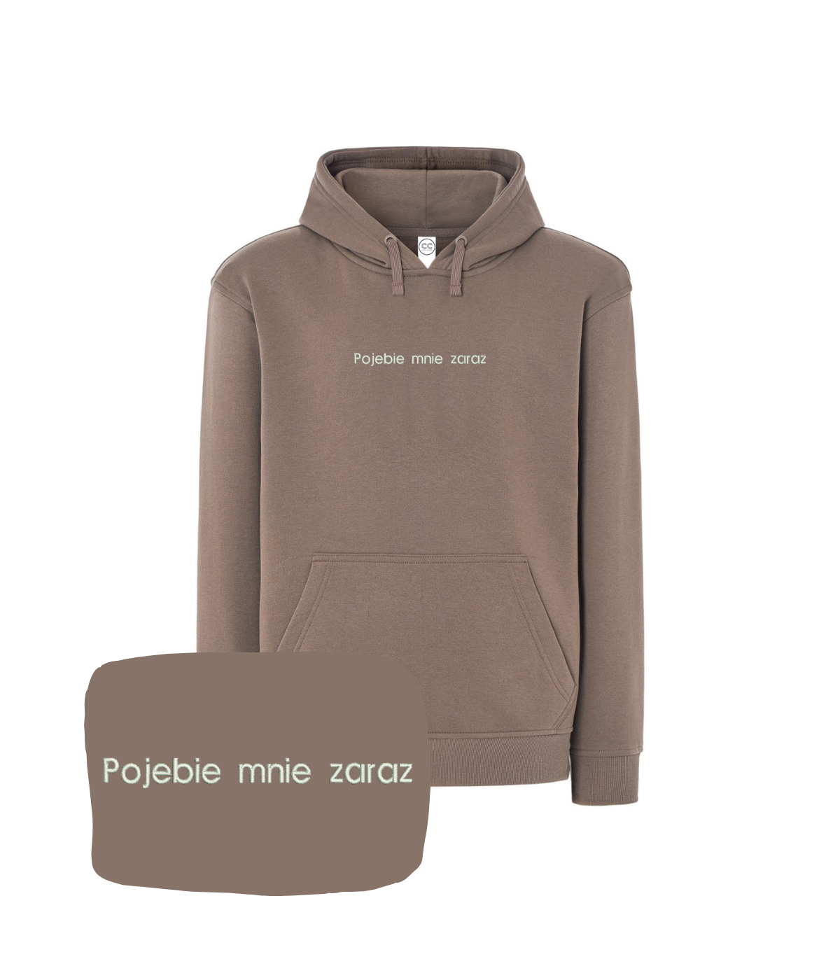 Gray hoodie with humorous embroidered text, casual sweatshirt from CustomClothes.pl's Bez Cenzury collection.