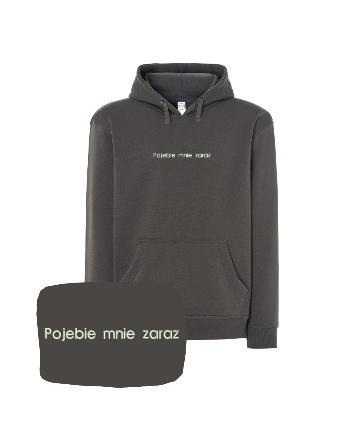 Gray hoodie with humorous embroidered text from CustomClothes.pl, featuring a casual fit and adjustable hood.