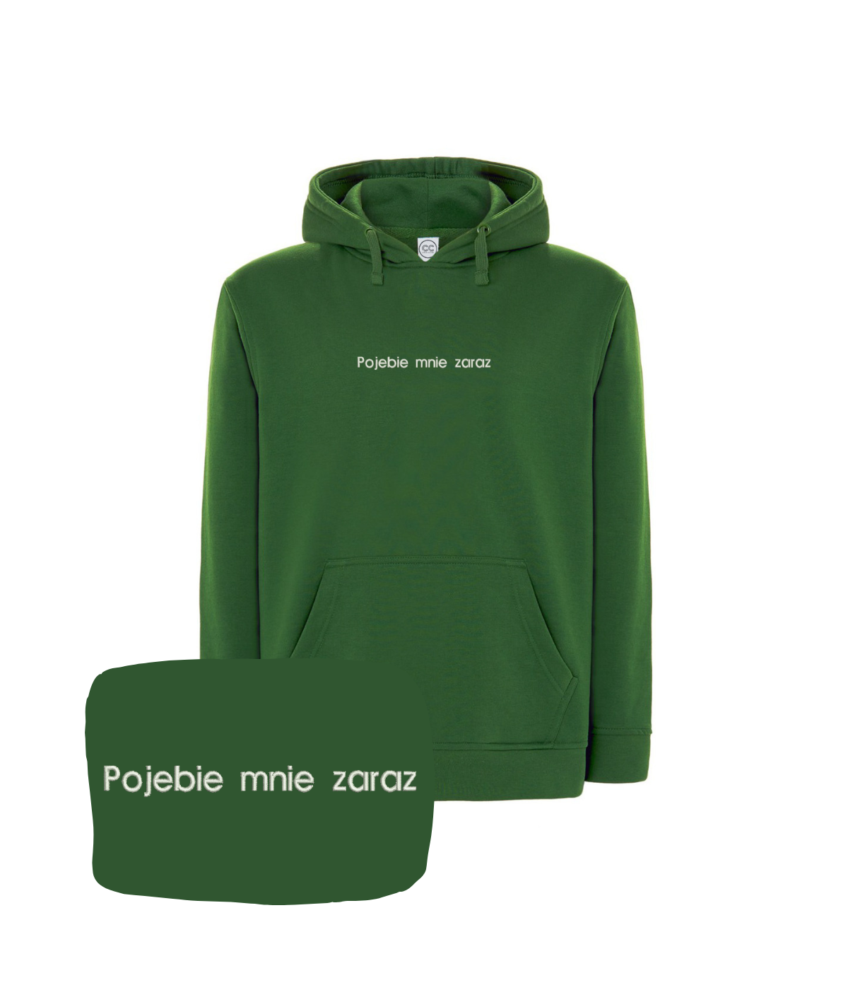 Gray hoodie from CustomClothes.pl with humorous embroidered slogan, featuring a drawstring hood and casual fit.