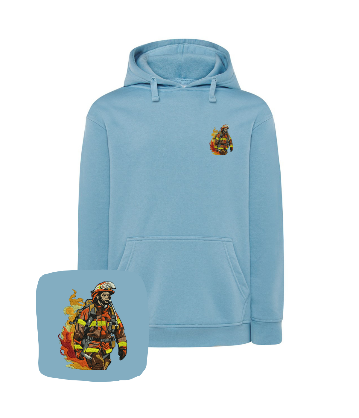 Red hoodie with firefighter embroidery on the chest, featuring detailed flame and firefighter patch, by CustomClothes.pl