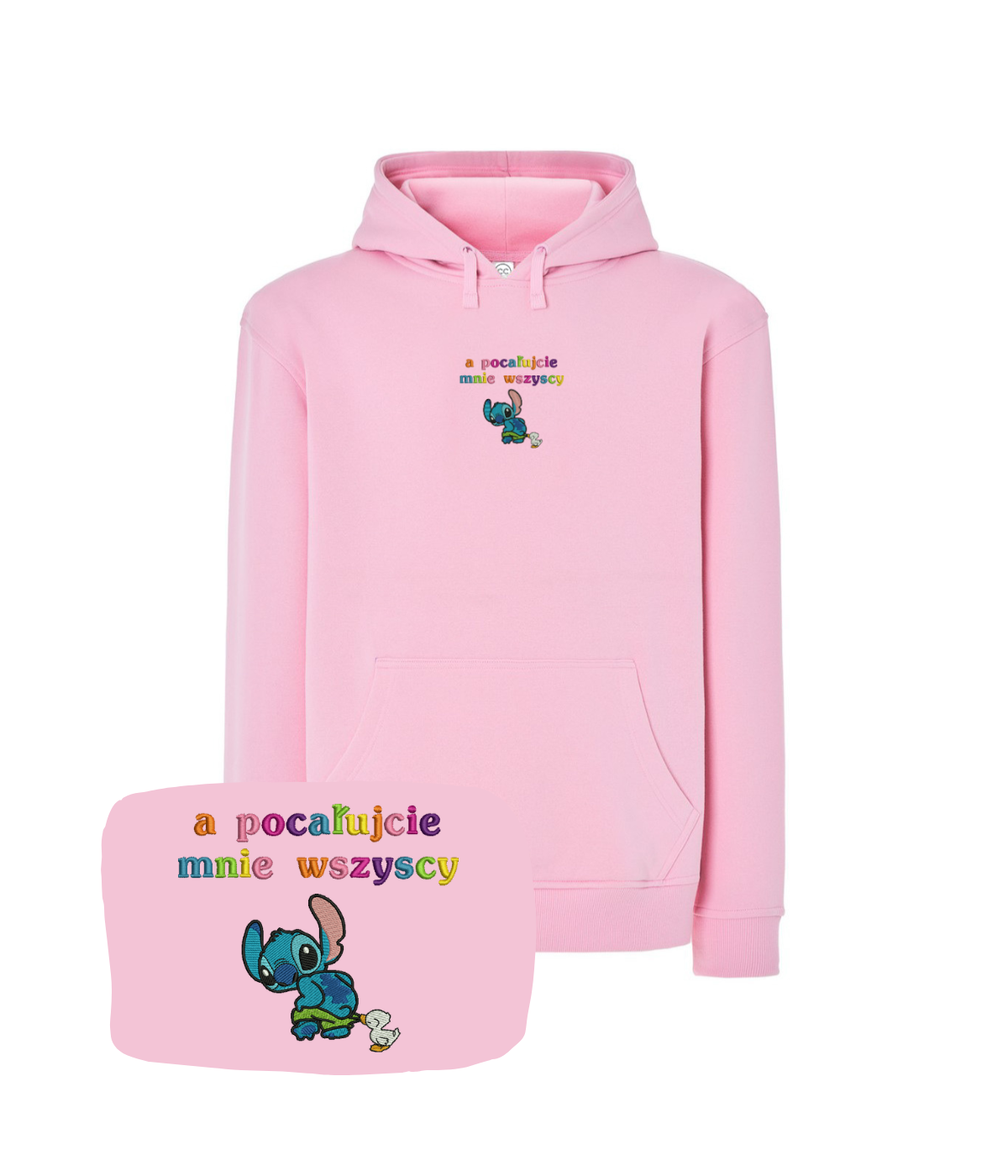 CustomClothes.pl blue sweatshirt with embroidered "a pocałujcie mnie wszyscy" text, casual and comfortable for everyday wear.