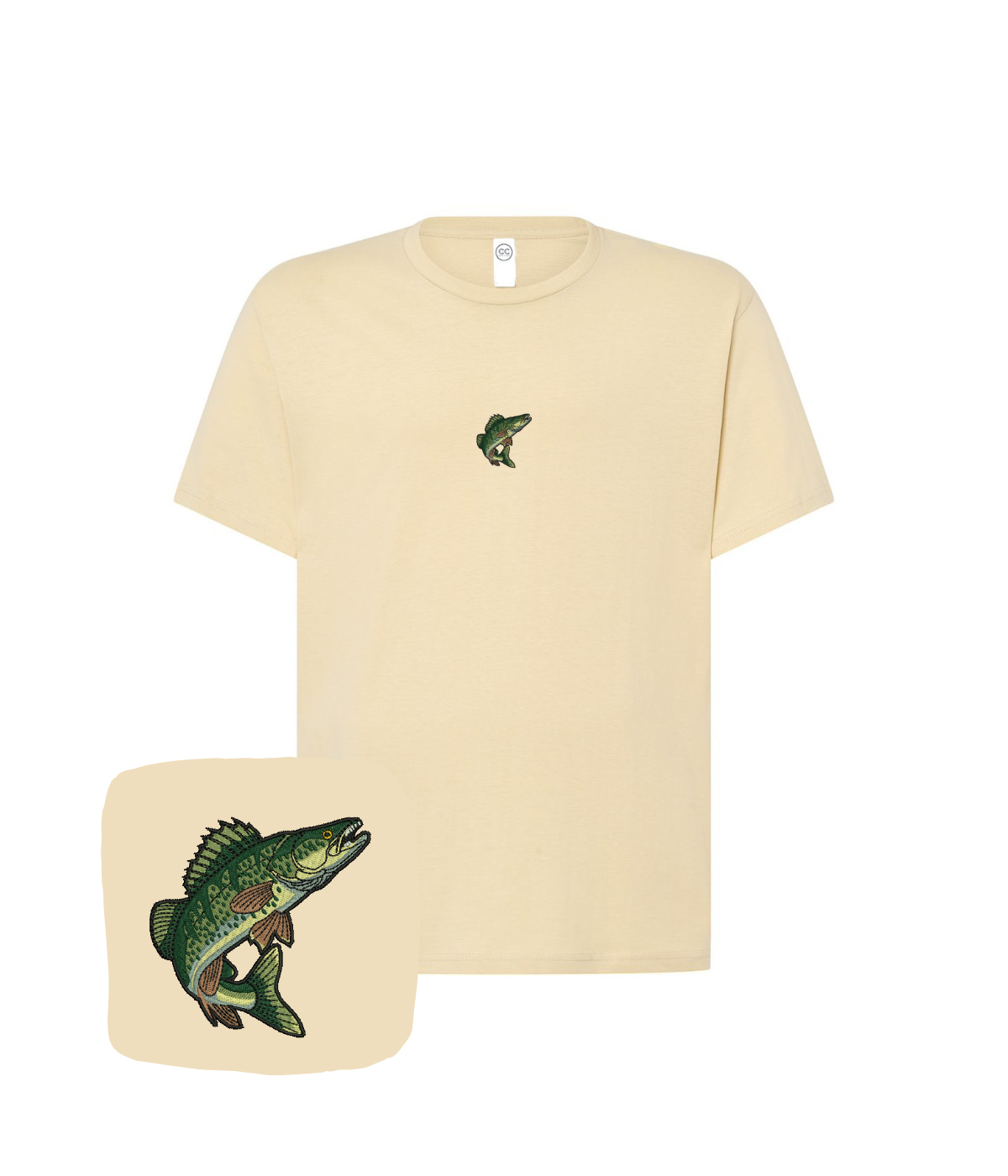 Beżowa koszulka z haftem ryby okoń od CustomClothes.pl, casual t-shirt with detailed fish embroidery.