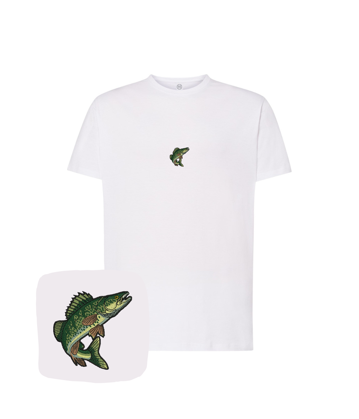 White CustomClothes.pl fishing T-shirt with embroidered perch fish design, perfect for anglers and fishing enthusiasts.