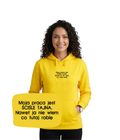 Yellow women's hoodie with "Ściśle Tajna" embroidered text, casual style, featuring a hood and front pocket, by CustomClothes.pl