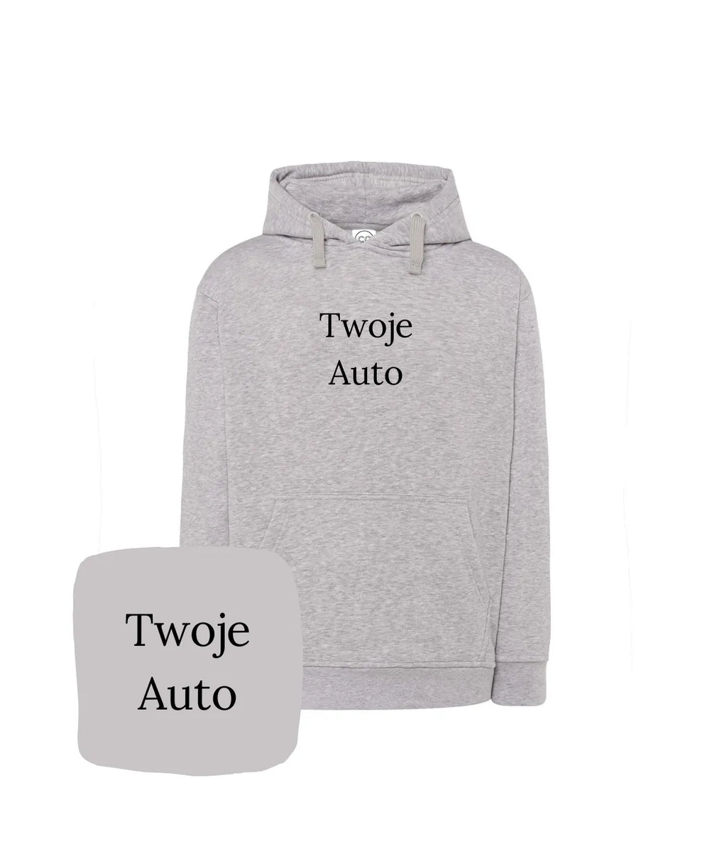Szara, spersonalizowana bluza z kapturem od CustomClothes.pl z haftowanym wzorem samochodu na podstawie przesłanego przez Ciebie zdjęcia.