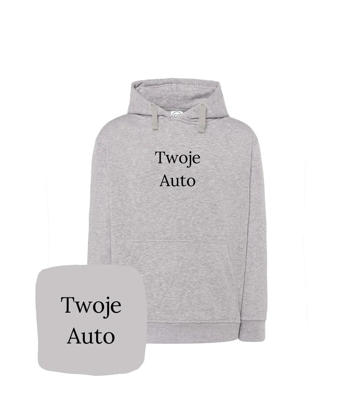 Szara, spersonalizowana bluza z kapturem od CustomClothes.pl z haftowanym wzorem samochodu na podstawie przesłanego przez Ciebie zdjęcia.