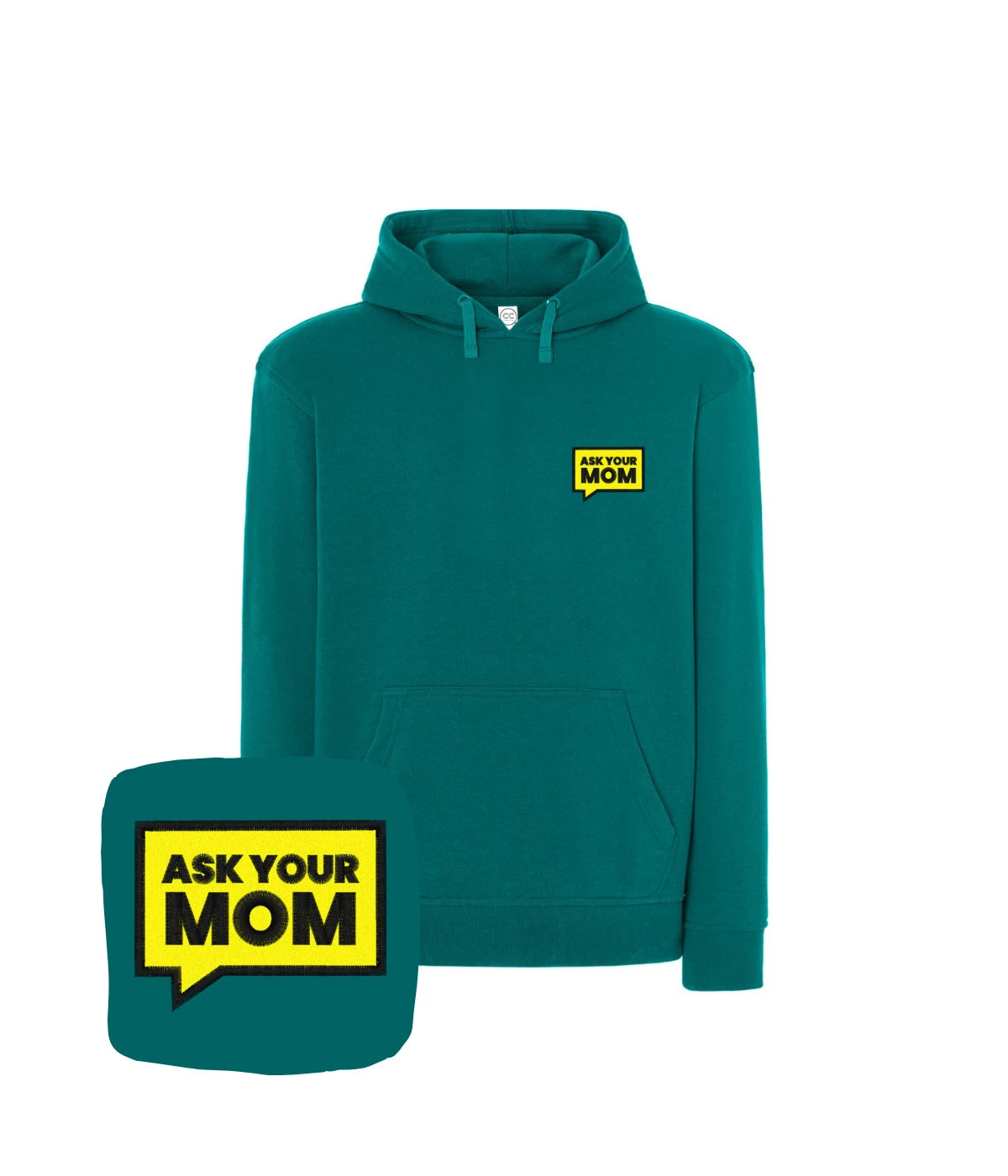 Turkusowa bluza z kapturem z haftem Ask Your Mom - idealna dla fana humoru, haft komputerowy