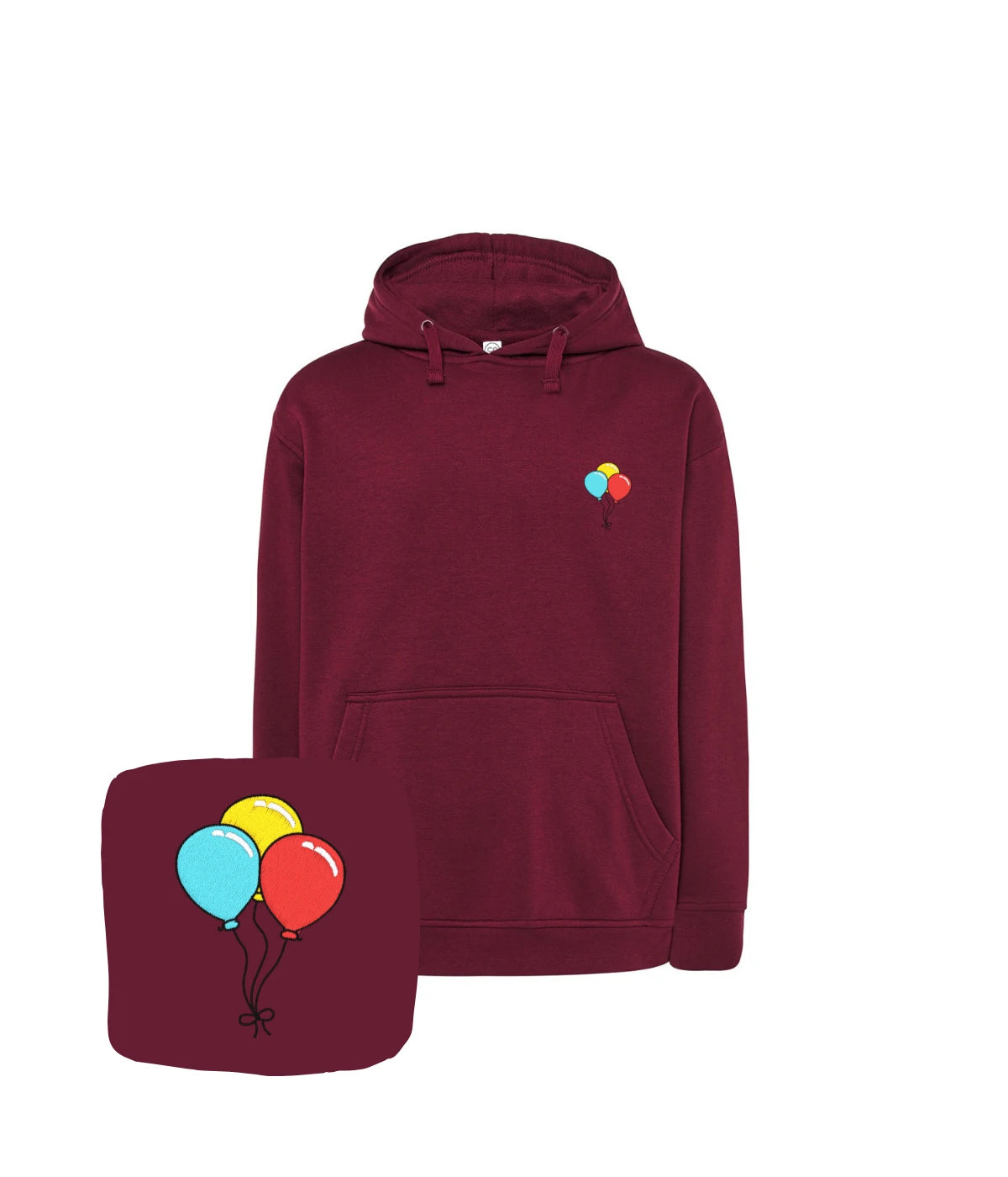 Bordowa bluza z kapturem z haftem balonów - stylowa opcja z kolorowym motywem balonów.
