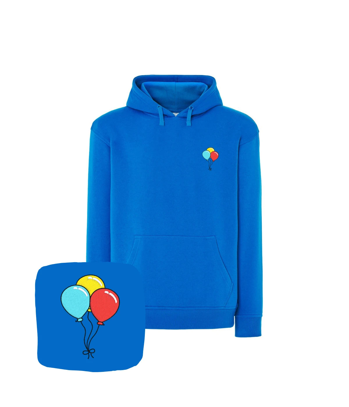 Chabrowa bluza z kapturem z haftem balonów - wyjątkowy prezent z kolorowym wzorem.