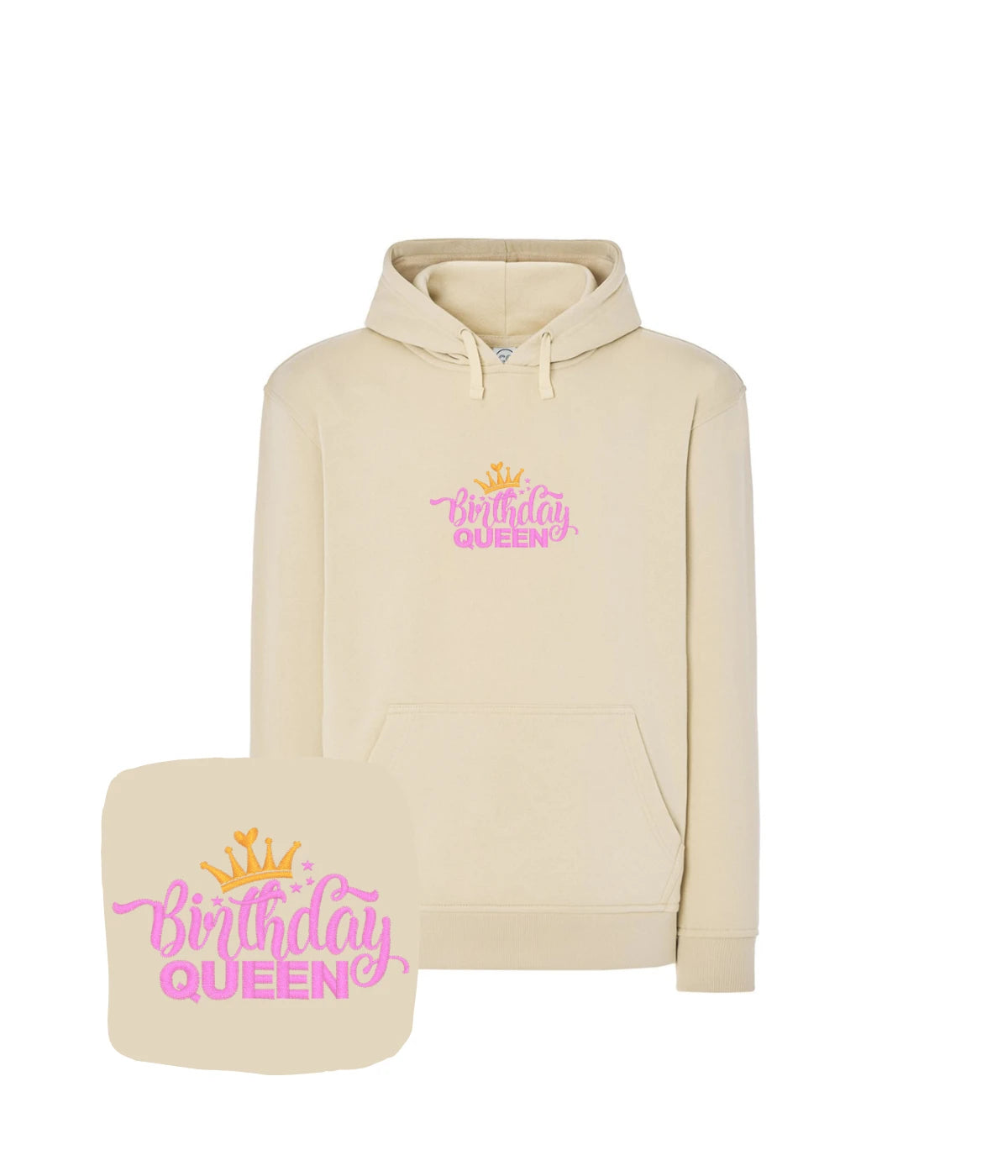 Beżowa bluza z kapturem z haftem Birthday Queen - idealny prezent urodzinowy z haftem dla wyjątkowej osoby.