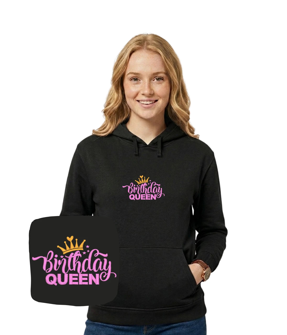 Bluza z kapturem z haftem Birthday Queen, kolor czarny - oryginalny prezent urodzinowy, haft komputerowy od 1 sztuki.