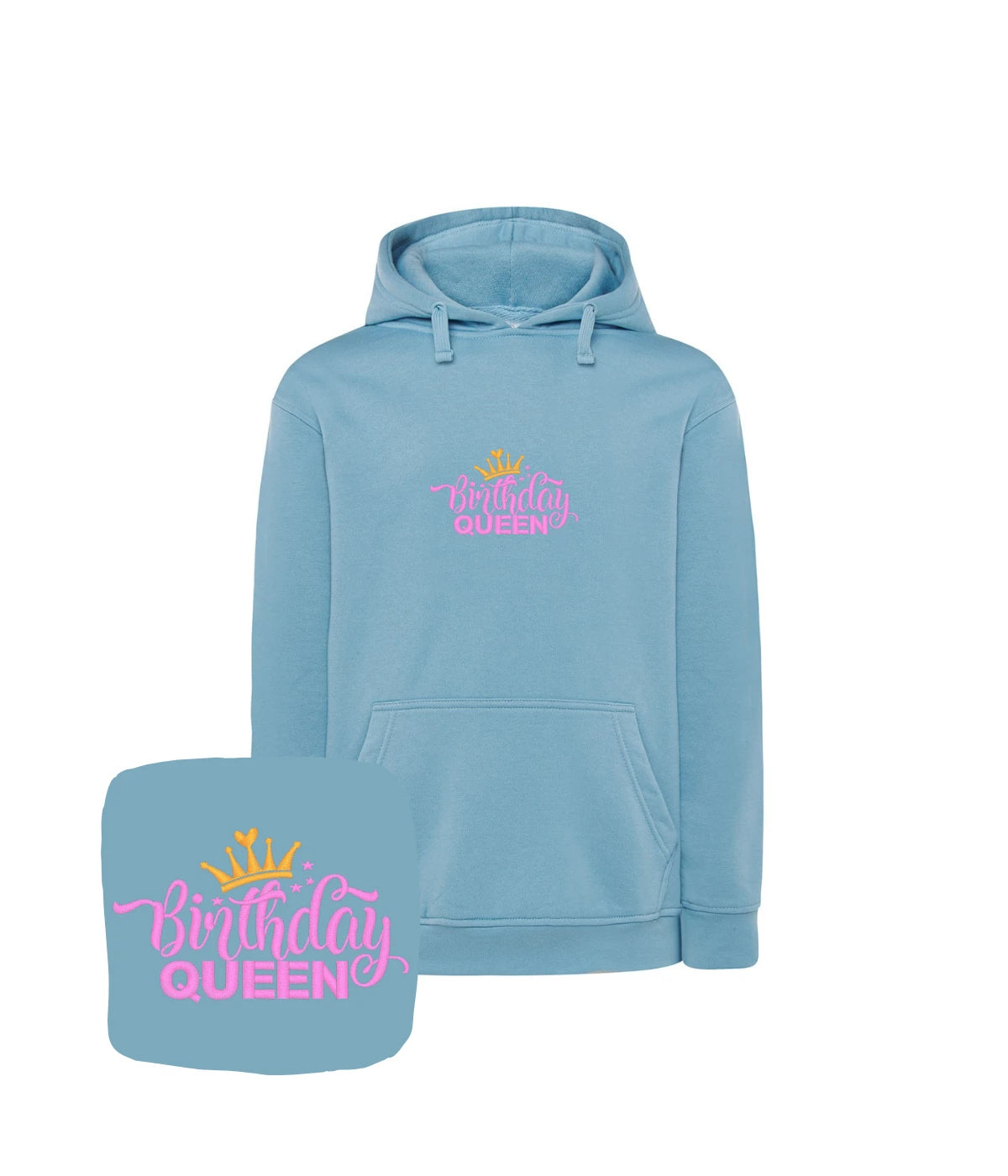 Niebieska bluza z kapturem z haftem Birthday Queen - prezent na urodziny z haftem komputerowym, dla niej, kolor błękitny.