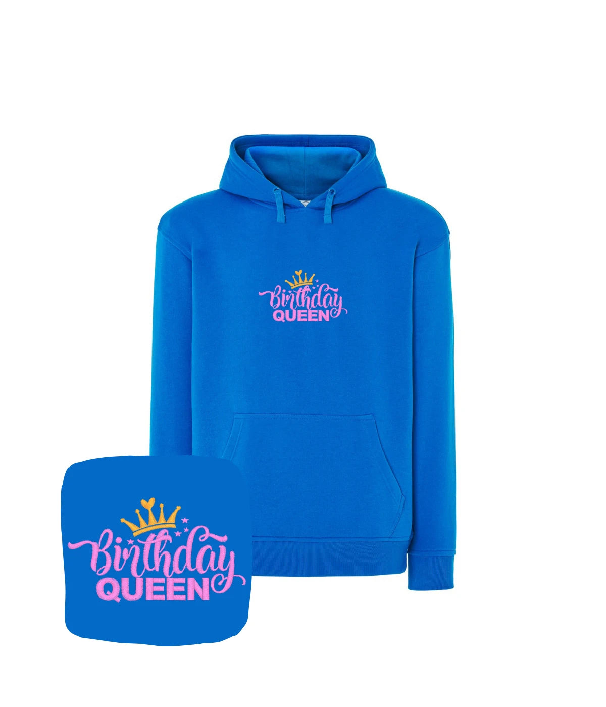 Niebieska bluza z kapturem z haftem Birthday Queen - idealny, wyjątkowy prezent urodzinowy z haftem dla królowej.