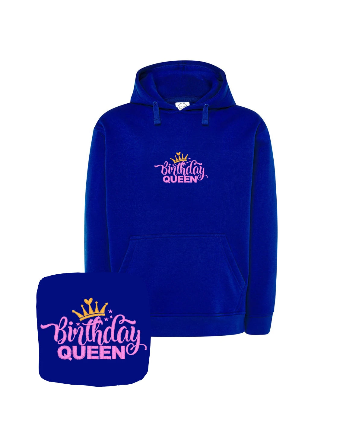 Szafirowa bluza z kapturem z haftem Birthday Queen - stylowy prezent urodzinowy z haftem, idealny dla królowej dnia.