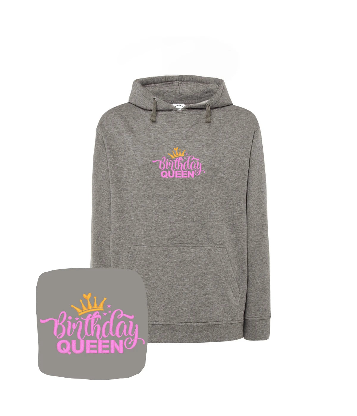 Szara bluza z haftem Birthday Queen - idealny prezent na urodziny z haftem komputerowym, casualowy styl.