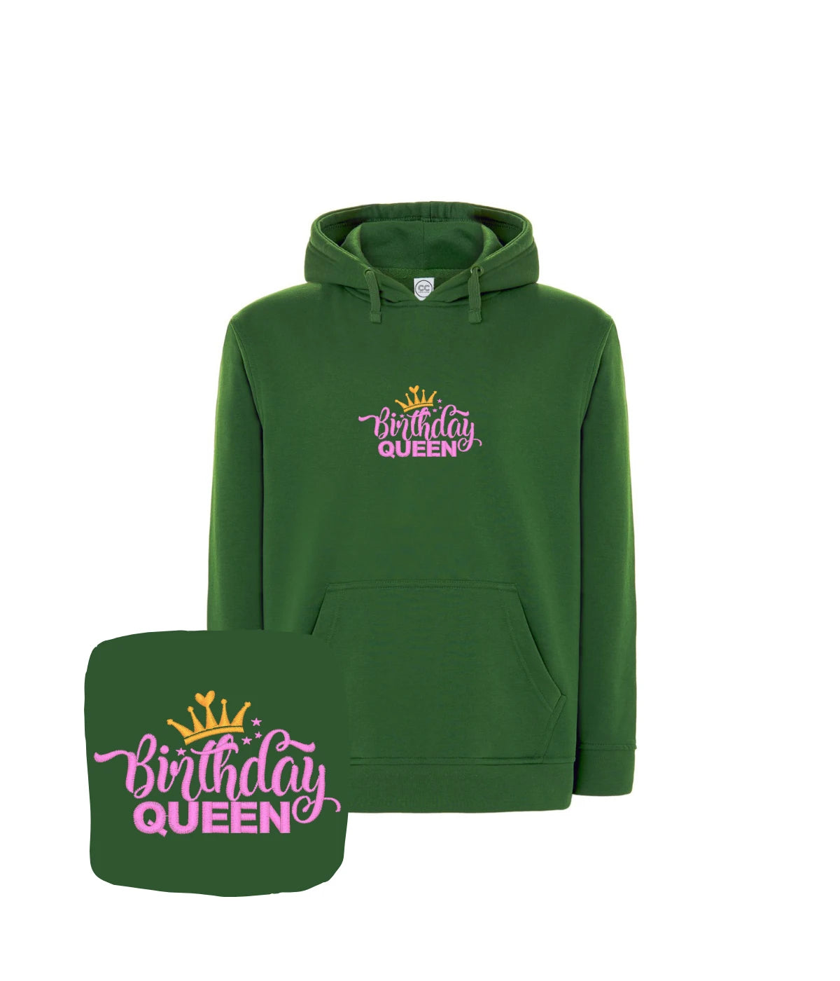 Bluza w kolorze zielonej butelki z haftem Birthday Queen - piękny prezent urodzinowy z haftem, dla przyjaciółki.
