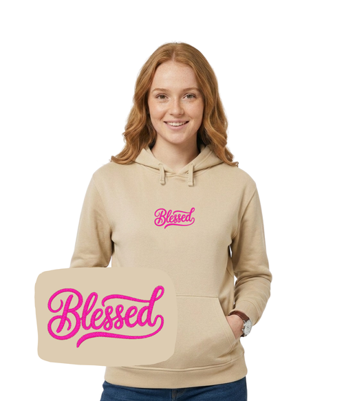 Beżowa bluza z haftem 'Blessed' - prezent dla niej, haft komputerowy na koszulce z napisem
