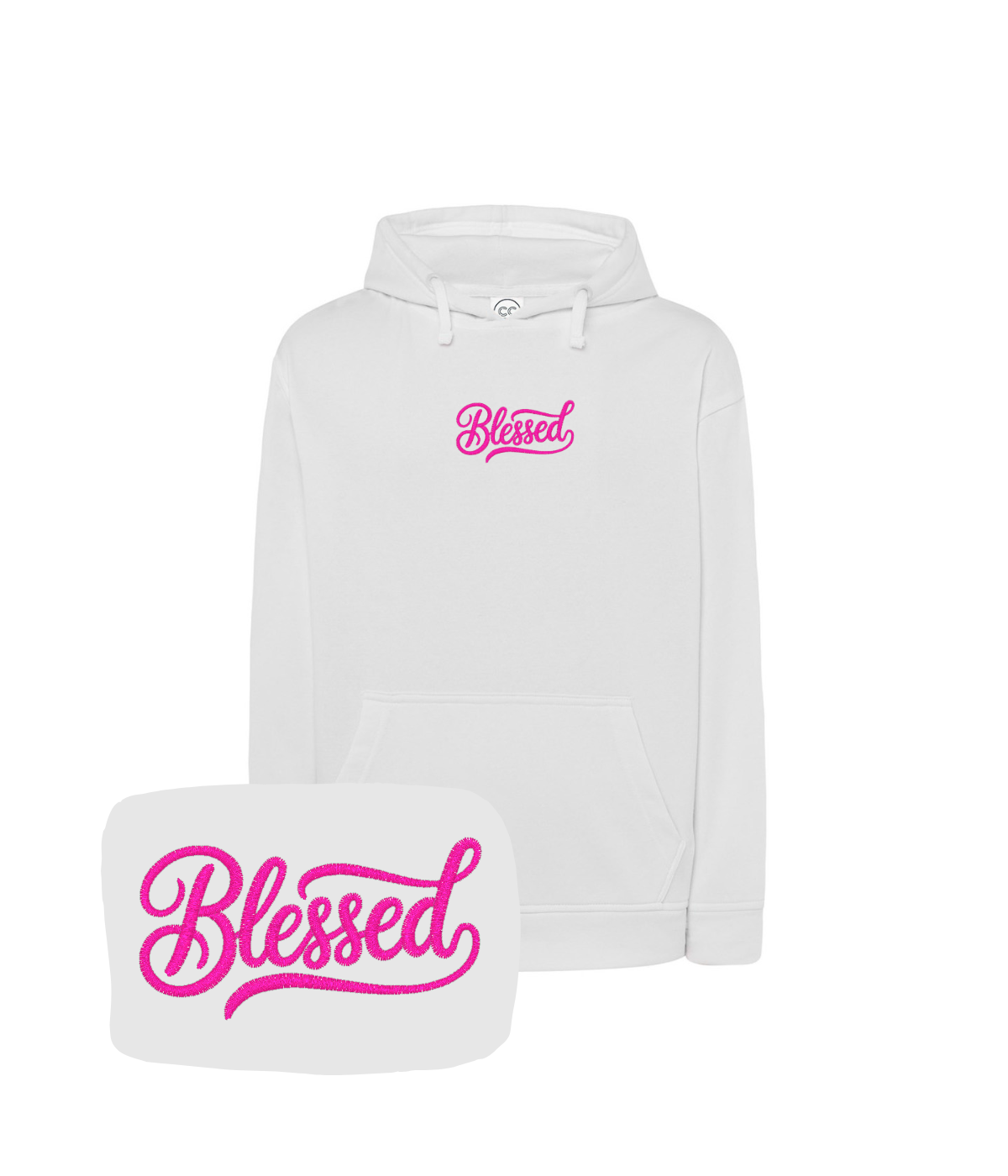 Biała bluza z kapturem z haftem 'Blessed' - prezent na każdą okazję, haft komputerowy z napisem