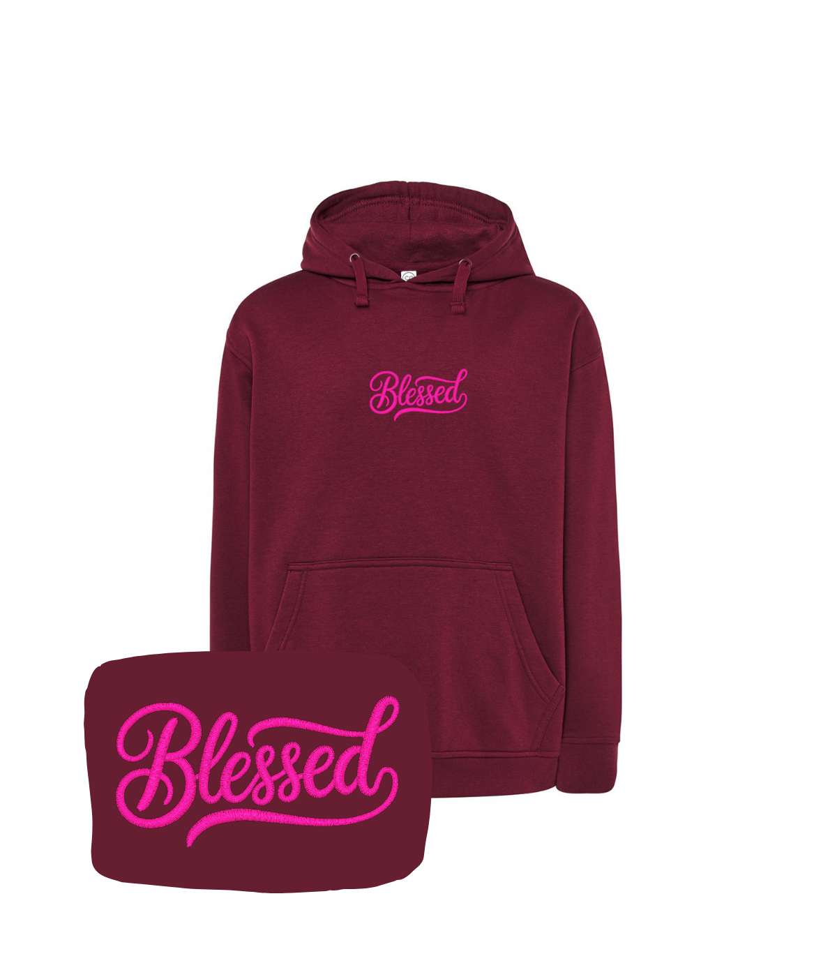 Burgundowa bluza z kapturem z haftem 'Blessed' - oryginalny prezent, haft komputerowy z napisem