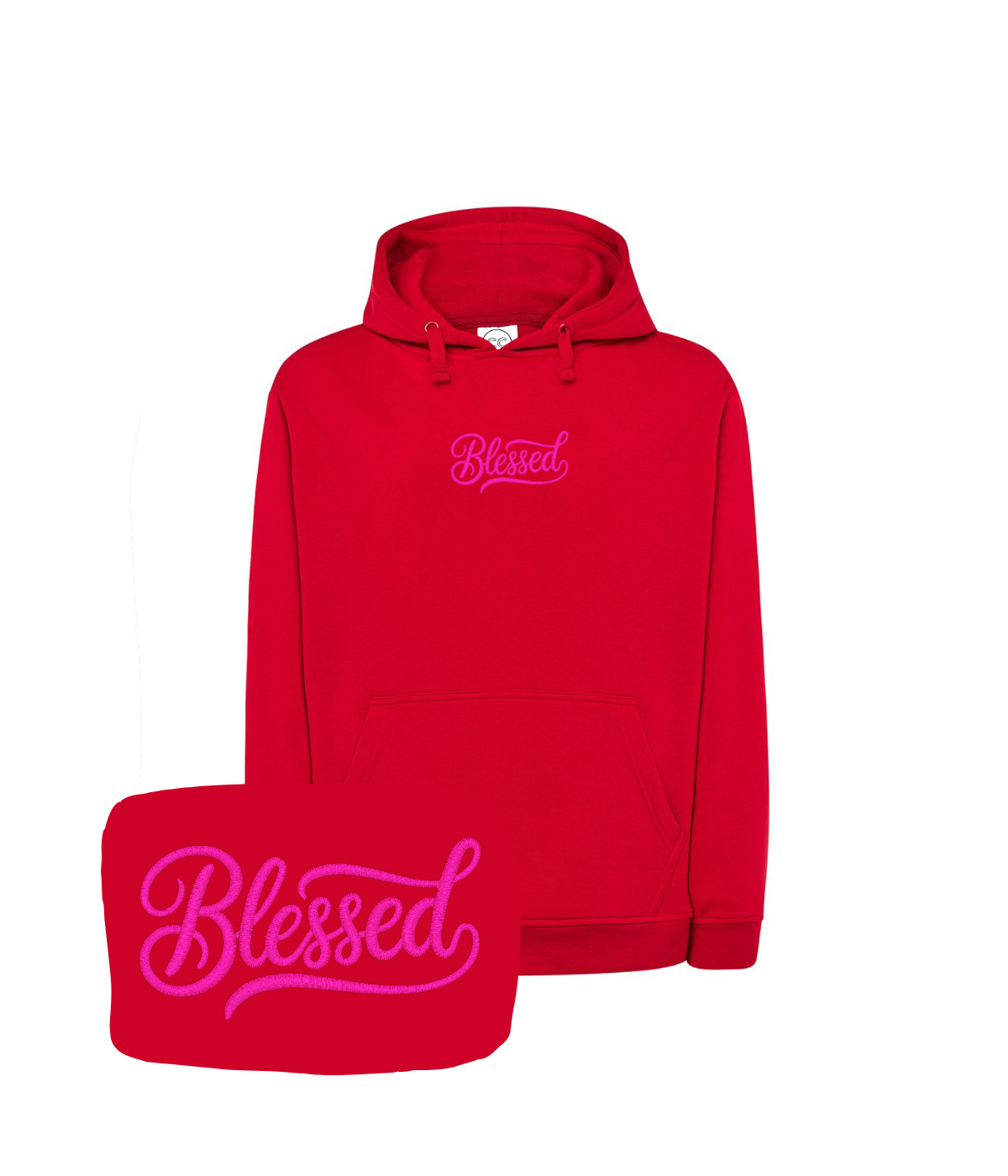 Czerwona bluza z haftem 'Blessed' - prezent na święta, haft komputerowy z napisem