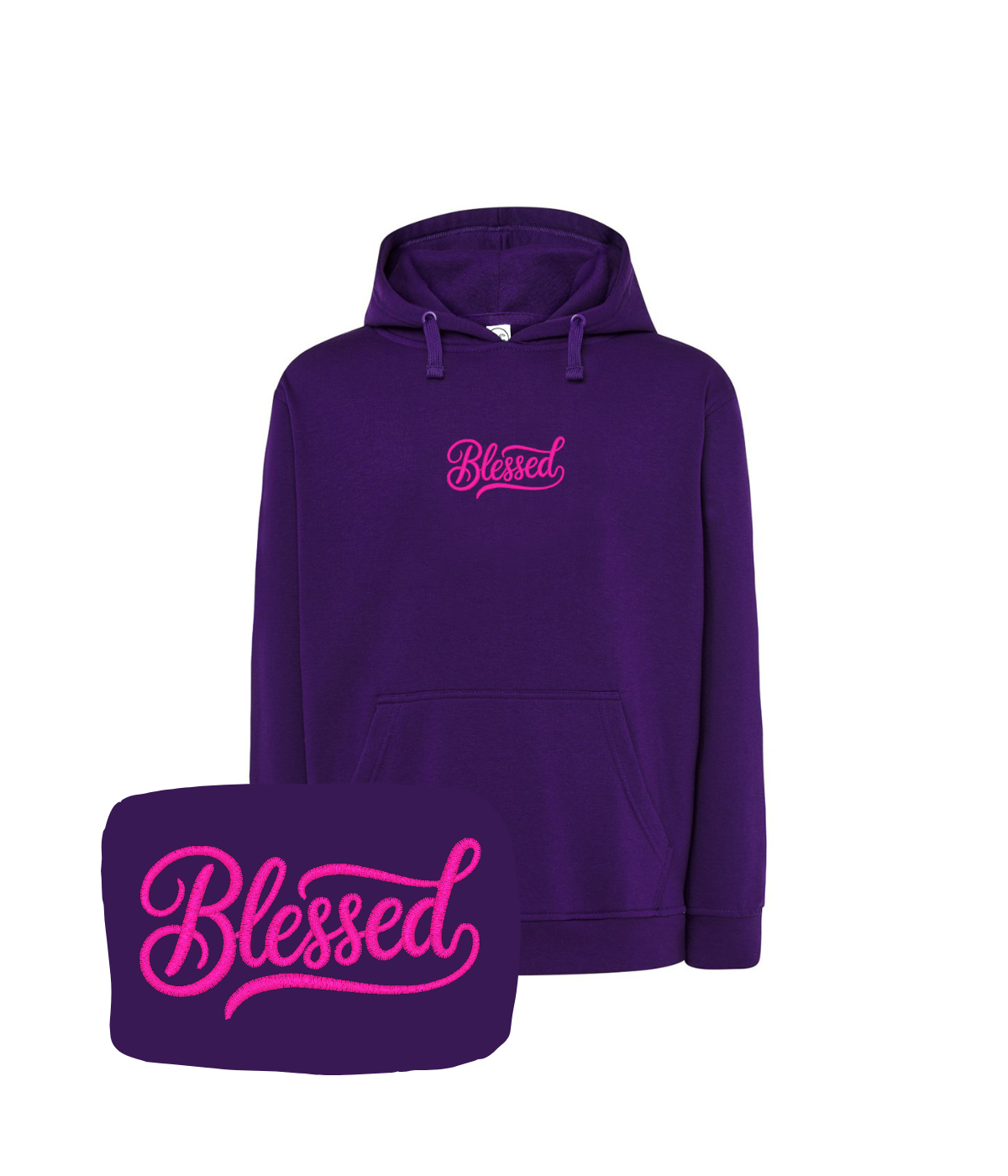 Fioletowa bluza z kapturem z haftem 'Blessed' - wyjątkowa koszulka z napisem, haft komputerowy
