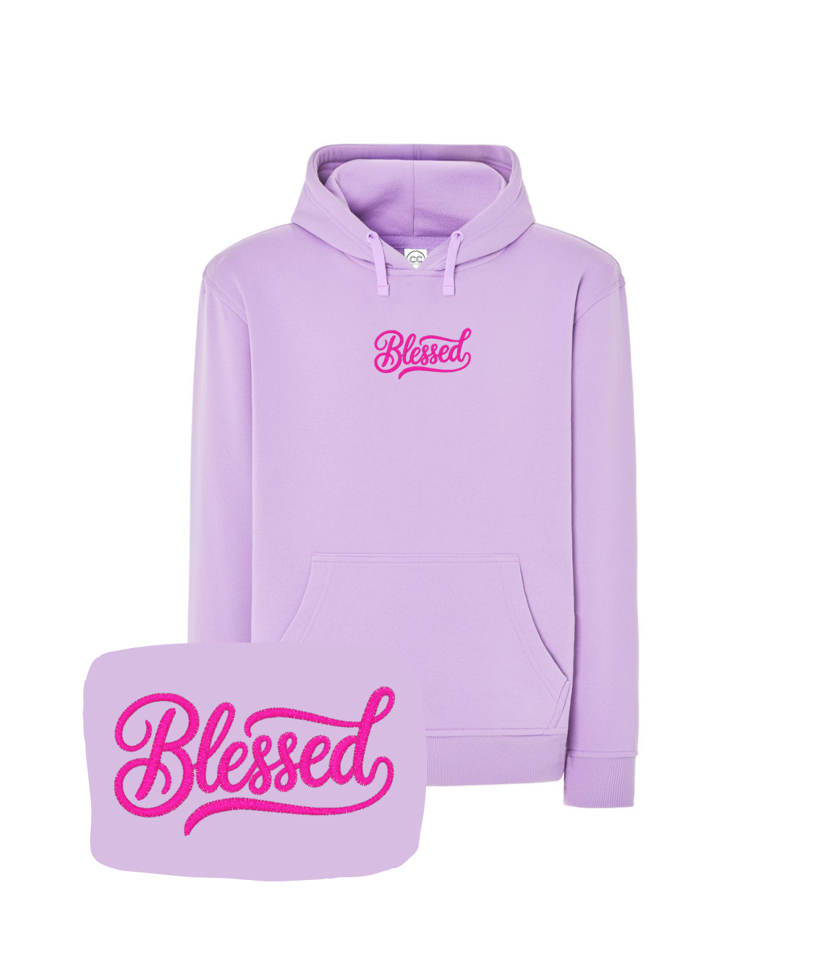 Liliowa bluza z kapturem z haftem 'Blessed' - modna bluza z napisem, haft komputerowy