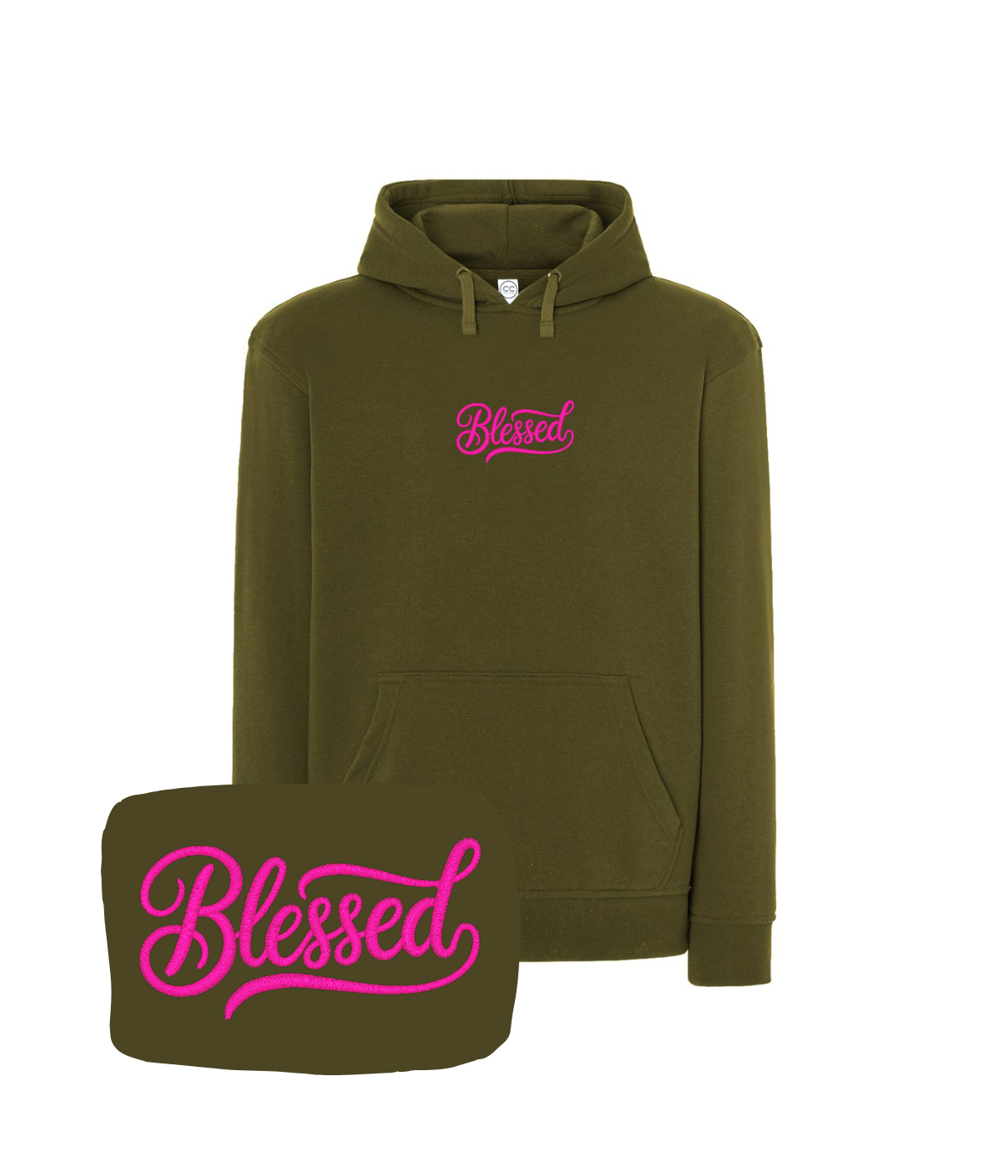 Oliwkowa bluza z haftem 'Blessed' - doskonały prezent dla fanów, haft komputerowy z napisem