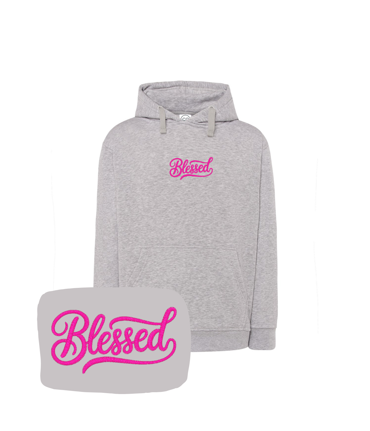 Jasnoszara bluza z haftem 'Blessed' - modna bluza z napisem, haft komputerowy na koszulce