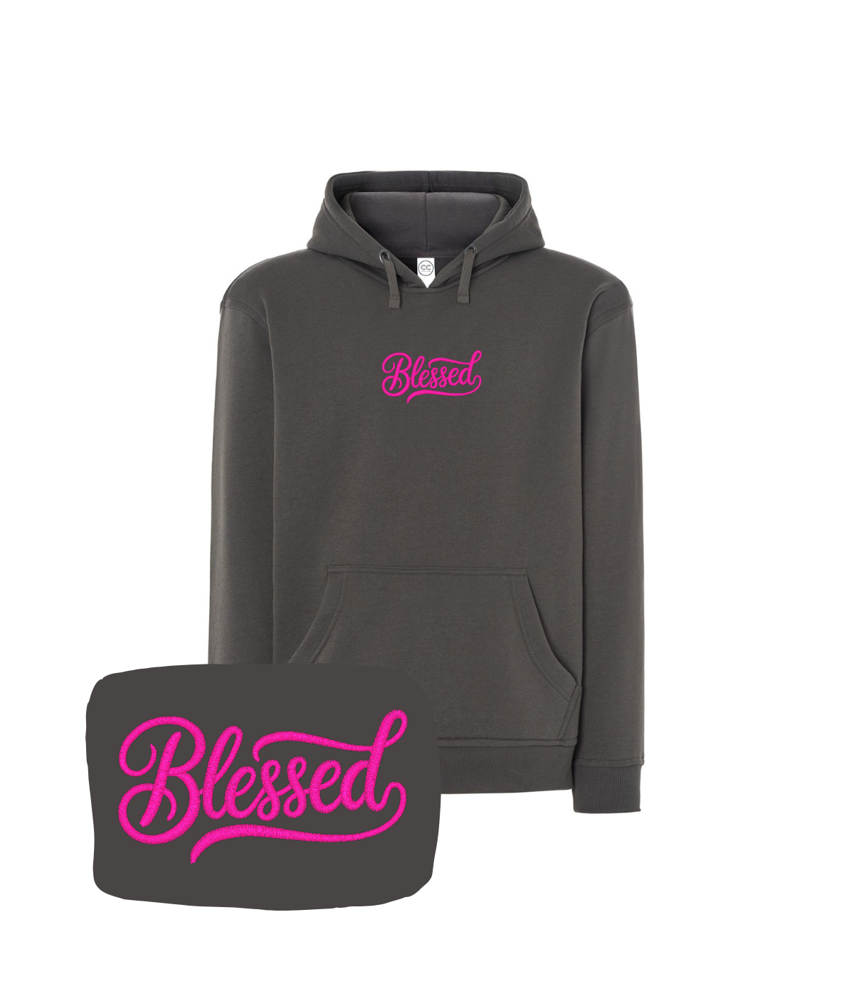 Ciemna szara bluza z haftem 'Blessed' - prezent na imieniny, haft komputerowy z napisem