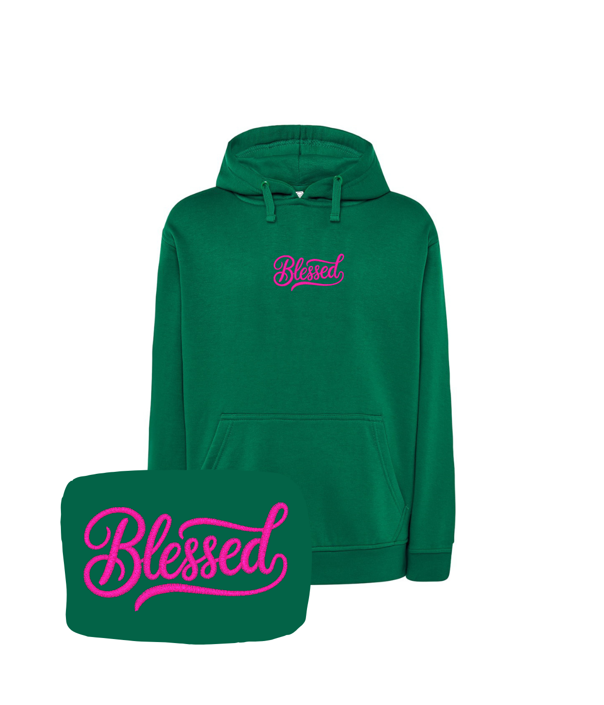 Zielona bluza z kapturem z haftem 'Blessed' - modny haft komputerowy, oryginalny prezent z napisem