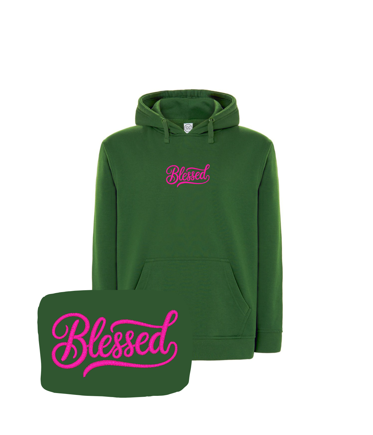 Ciemna zielona bluza z haftem 'Blessed' - idealny prezent na święta, haft komputerowy