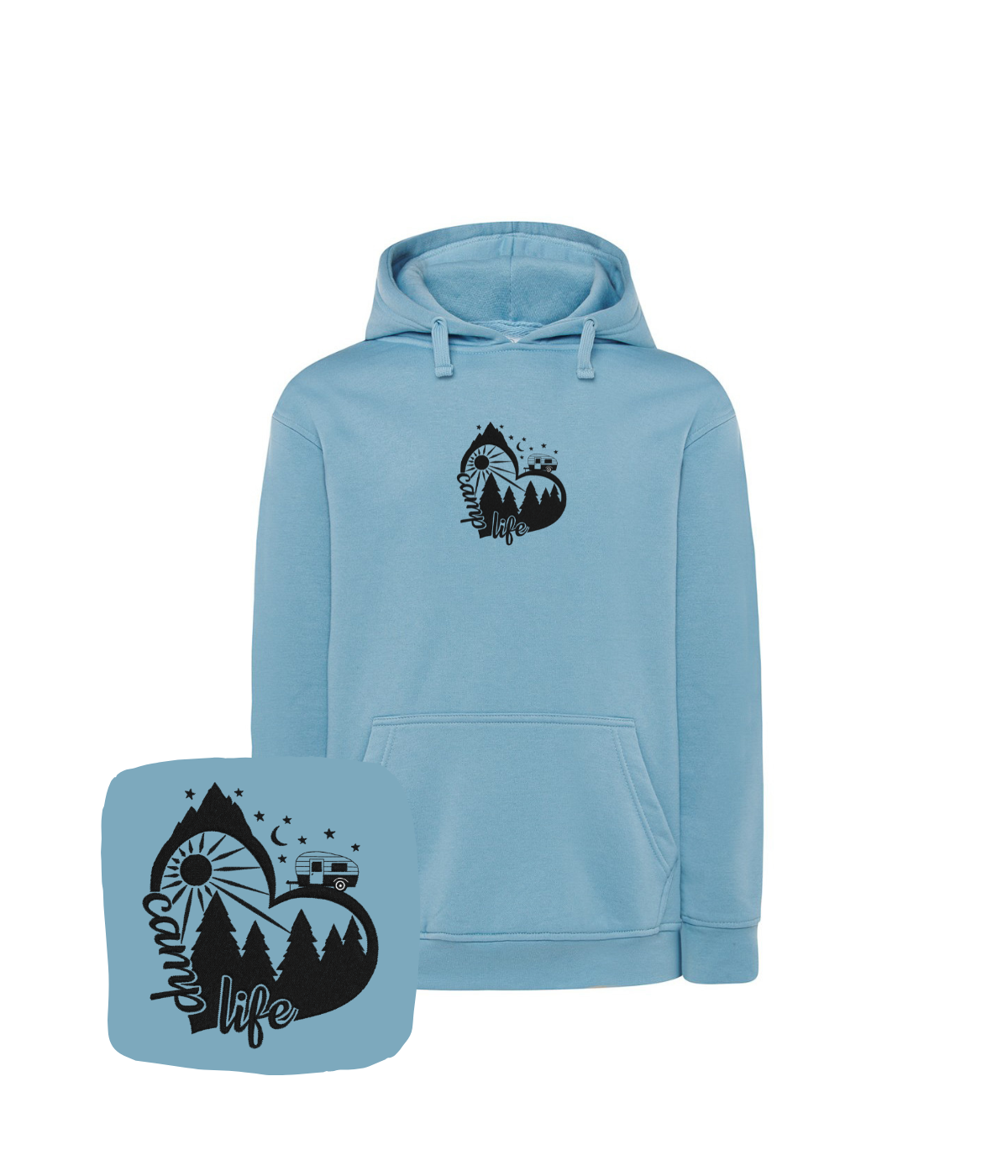 Błękitna bluza z haftem Camp Life - symbol kempingowego życia i otwartości na świat.