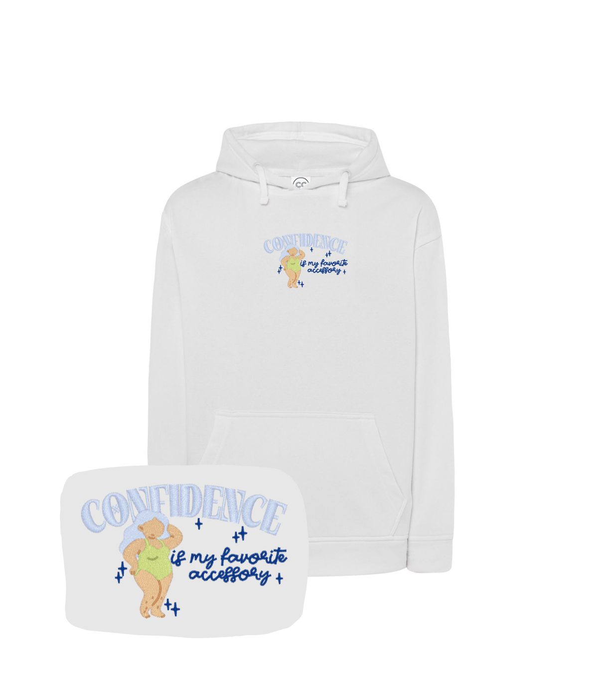 Biała bluza z haftem Confidence i napisem - prezent niespodzianka dla bliskiej osoby.