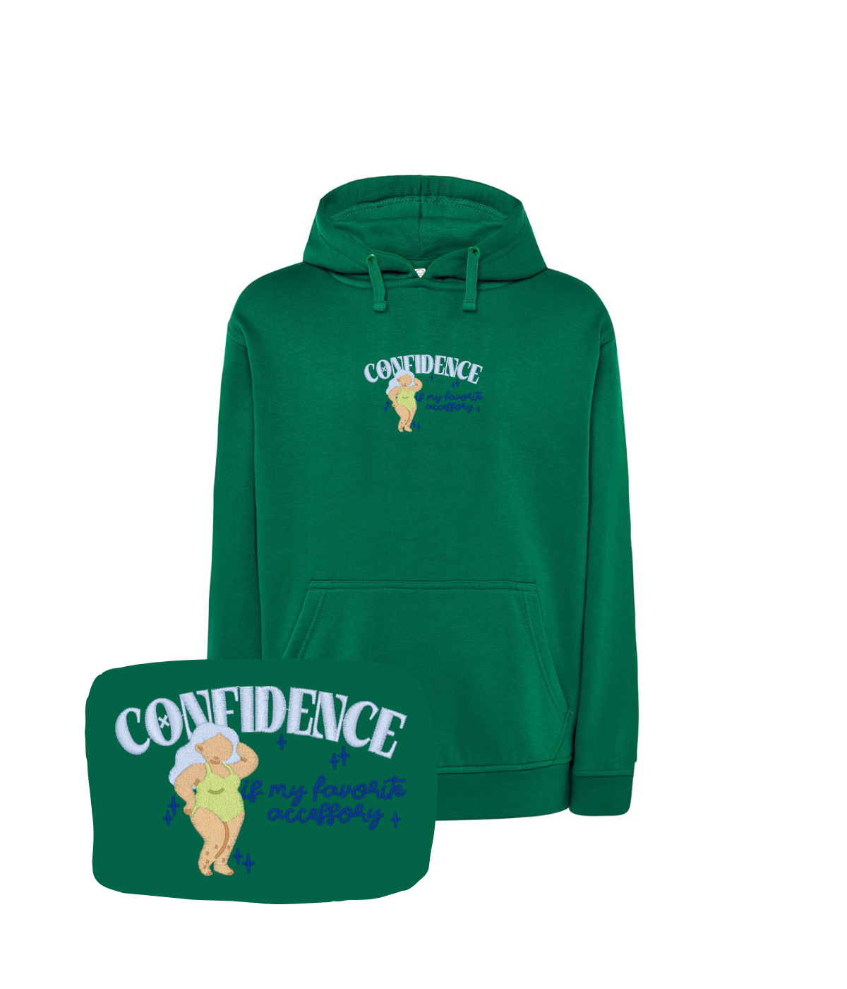 Ciemnozielona bluza z haftem Confidence, z napisem - dla osoby o wyjątkowym stylu.
