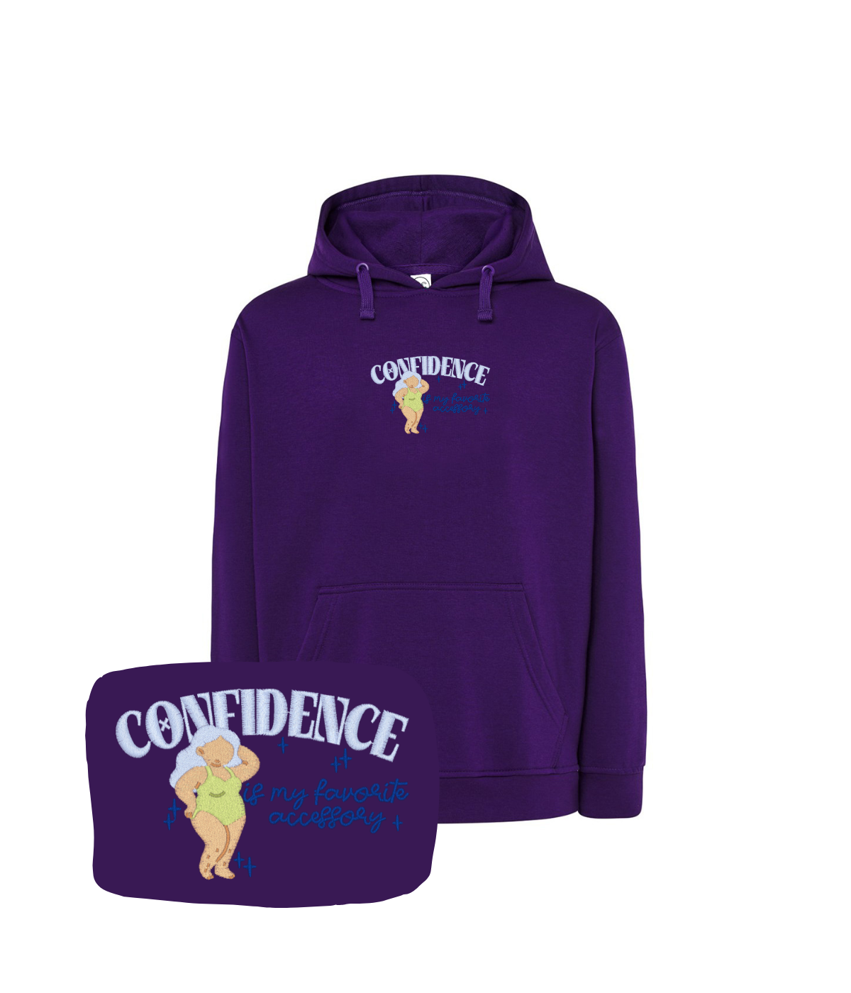 Fioletowa bluza z haftem Confidence i napisem - pasuje dla każdego, kto ceni styl.