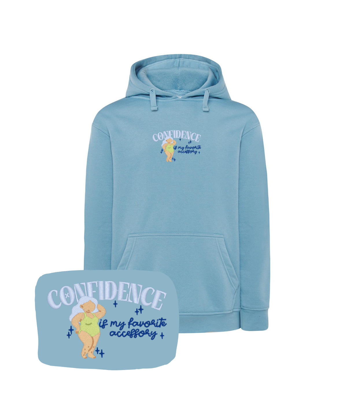 Jasnoniebieska bluza z haftem Confidence, z napisem - oryginalny styl na co dzień.