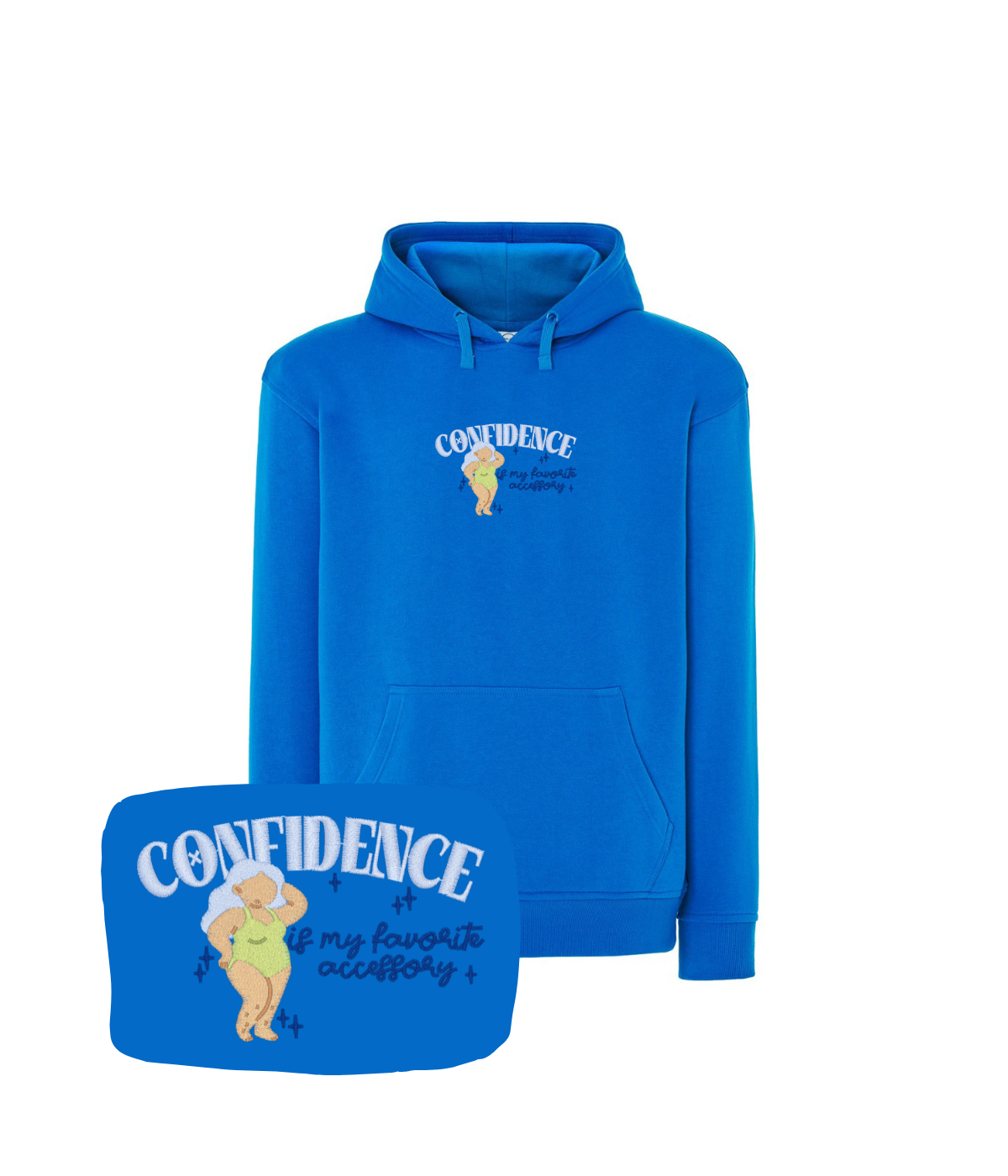 Niebieska bluza z haftem Confidence i napisem - dla śmiałej, pewnej siebie osoby.