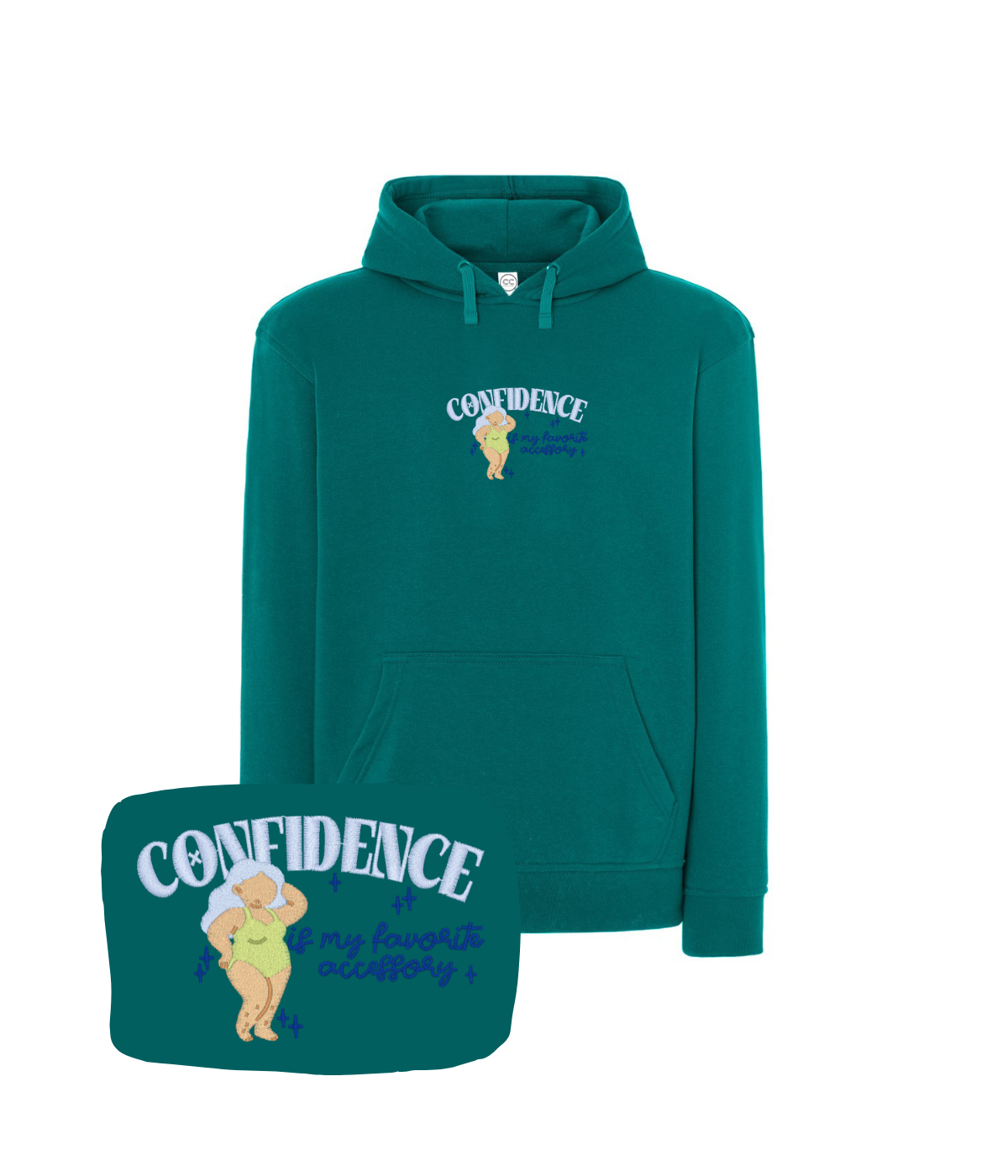 Turkusowa bluza z haftem Confidence, z napisem - dla stylowej i modnej osoby.