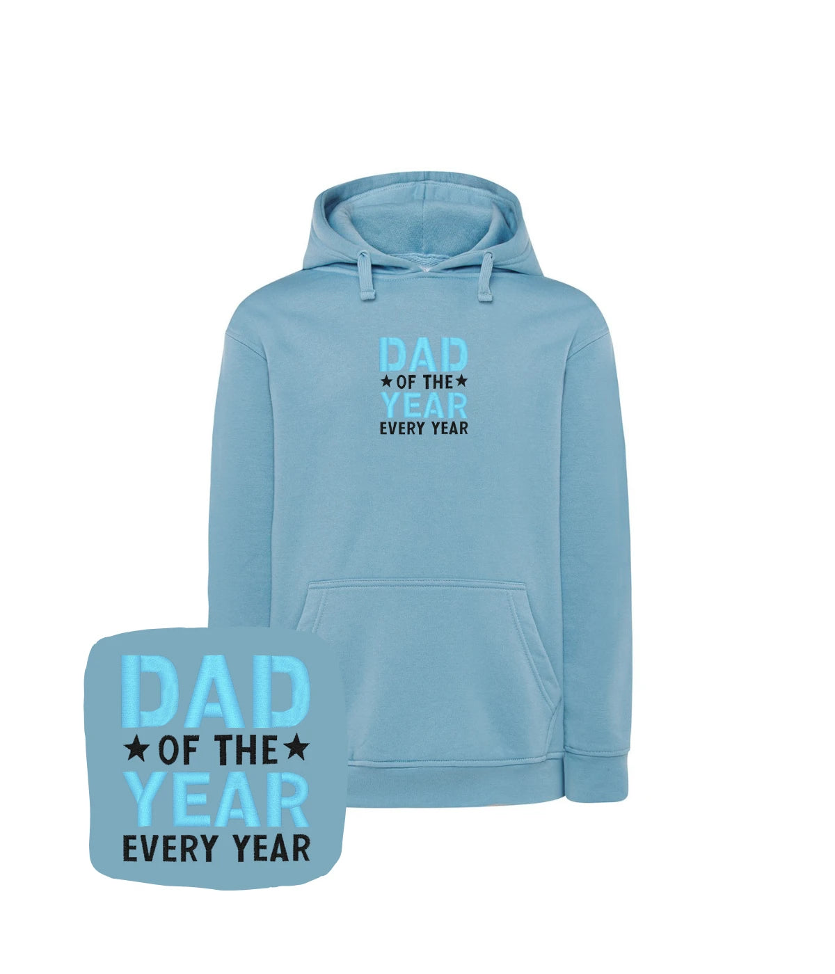 Błękitna bluza z haftem 'Dad of the Year' - elegancki prezent z haftem komputerowym.