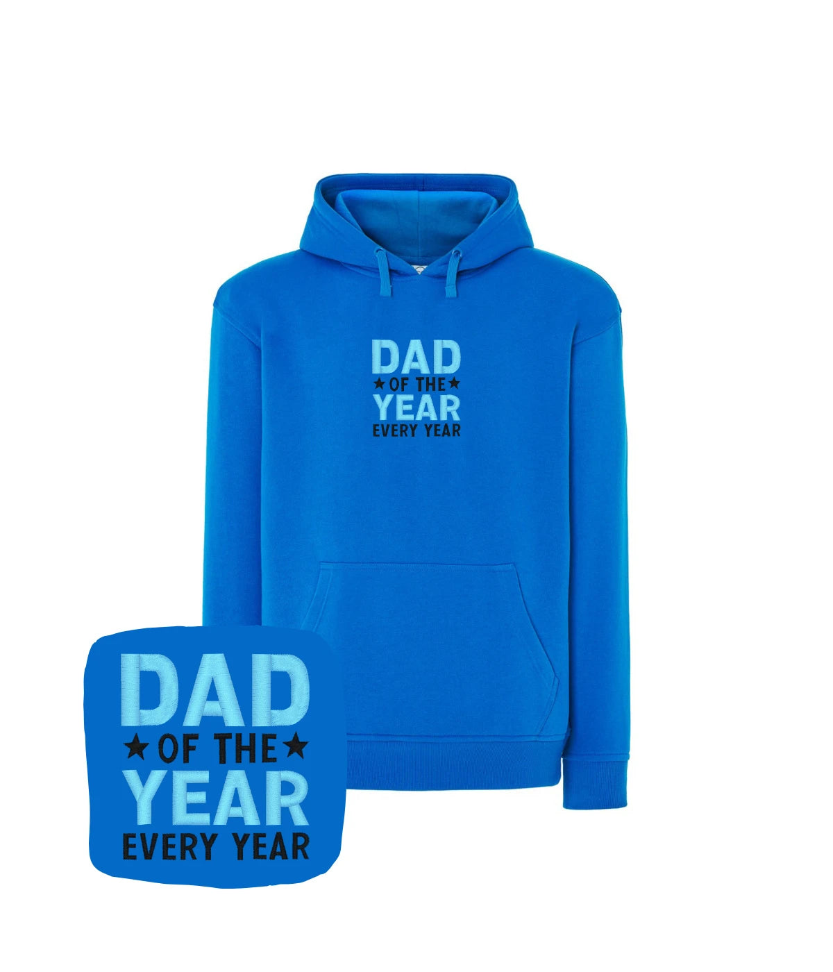 Niebieska bluza z haftem 'Dad of the Year' - oryginalny prezent, zachwycający design z haftem komputerowym.