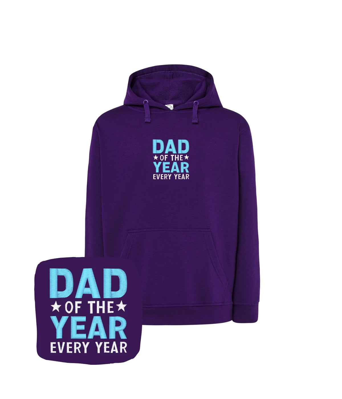 Purpurowa bluza z haftem 'Dad of the Year' - wyjątkowy prezent z haftem komputerowym, komfortowy materiał.