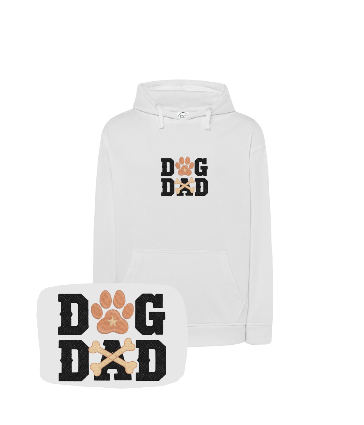 Biała bluza z haftem Dog Dad - koszulka idealna dla psiego opiekuna, zawiera haft łapy z kością.