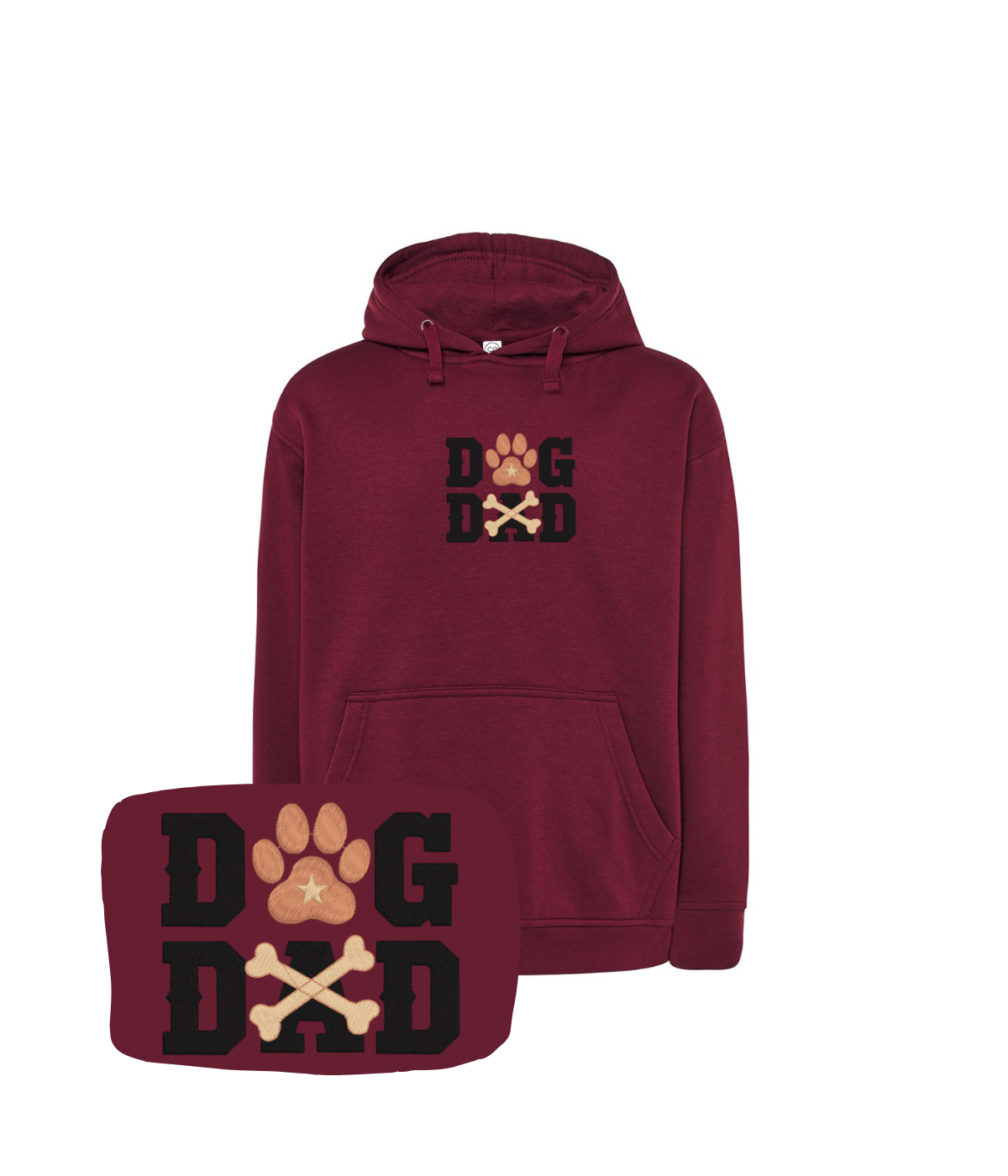 Bordowa bluza z haftem Dog Dad - prezent dla miłośnika zwierząt, zawiera haft psiej łapy z kością.