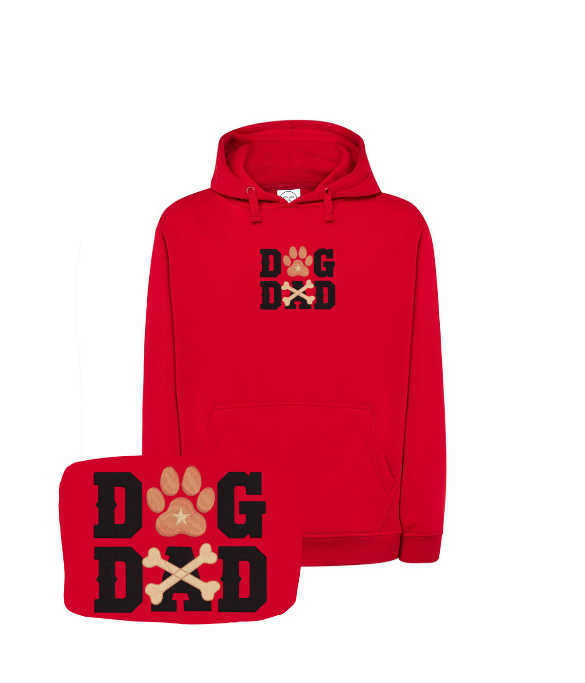 Czerwona bluza z haftem Dog Dad - idealny prezent dla psiego taty, haft z psiej łapy na koszulce.
