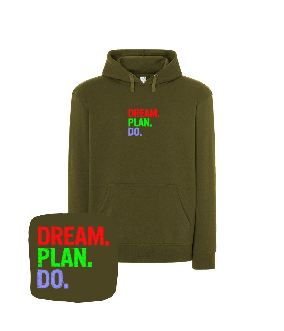 Oliwkowa bluza z haftem Dream Plan Do - koszulka motywacyjna z inspirującym haftem komputerowym